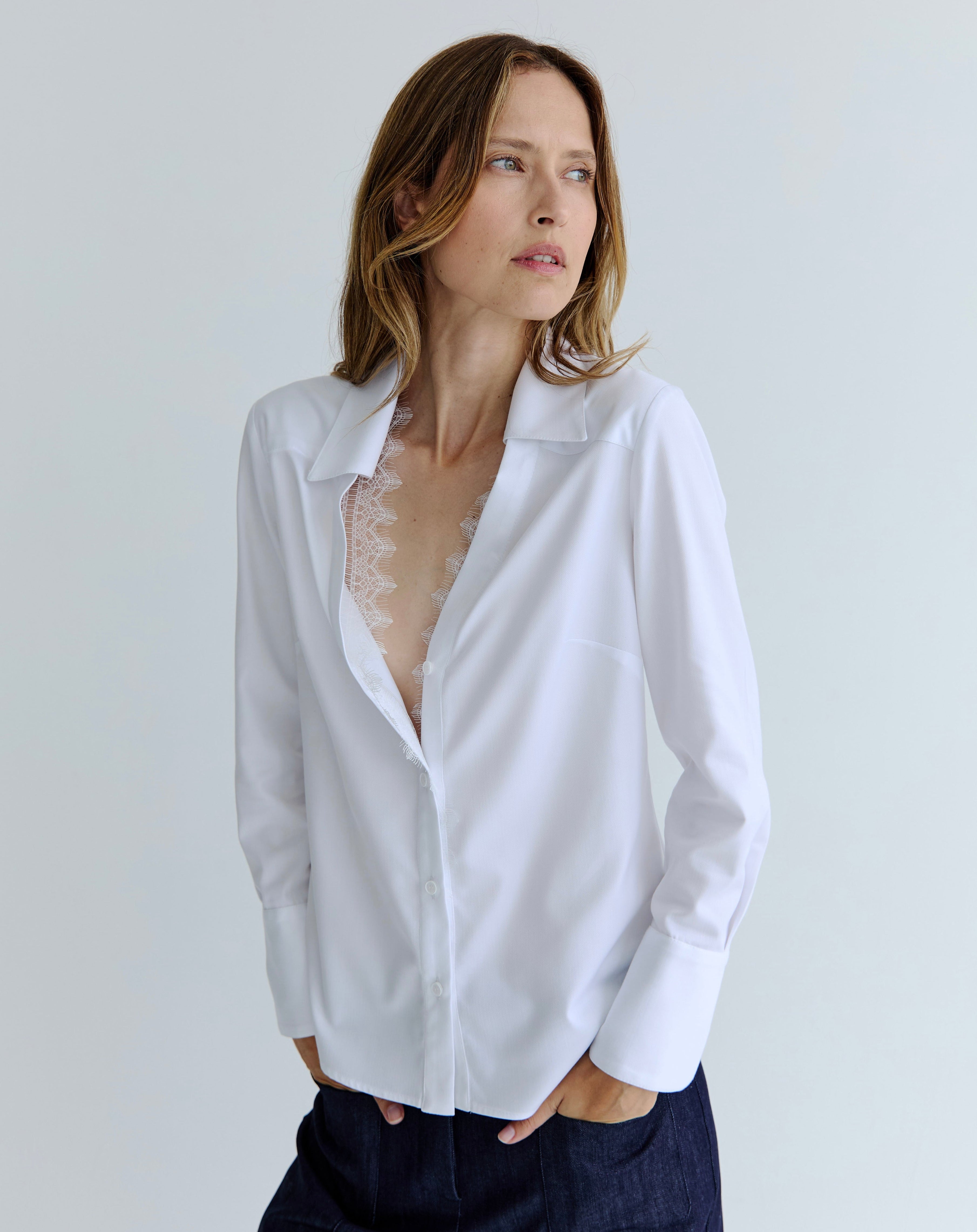 Women’s white lace shirt with delicate lace neckline by EDER by Anna