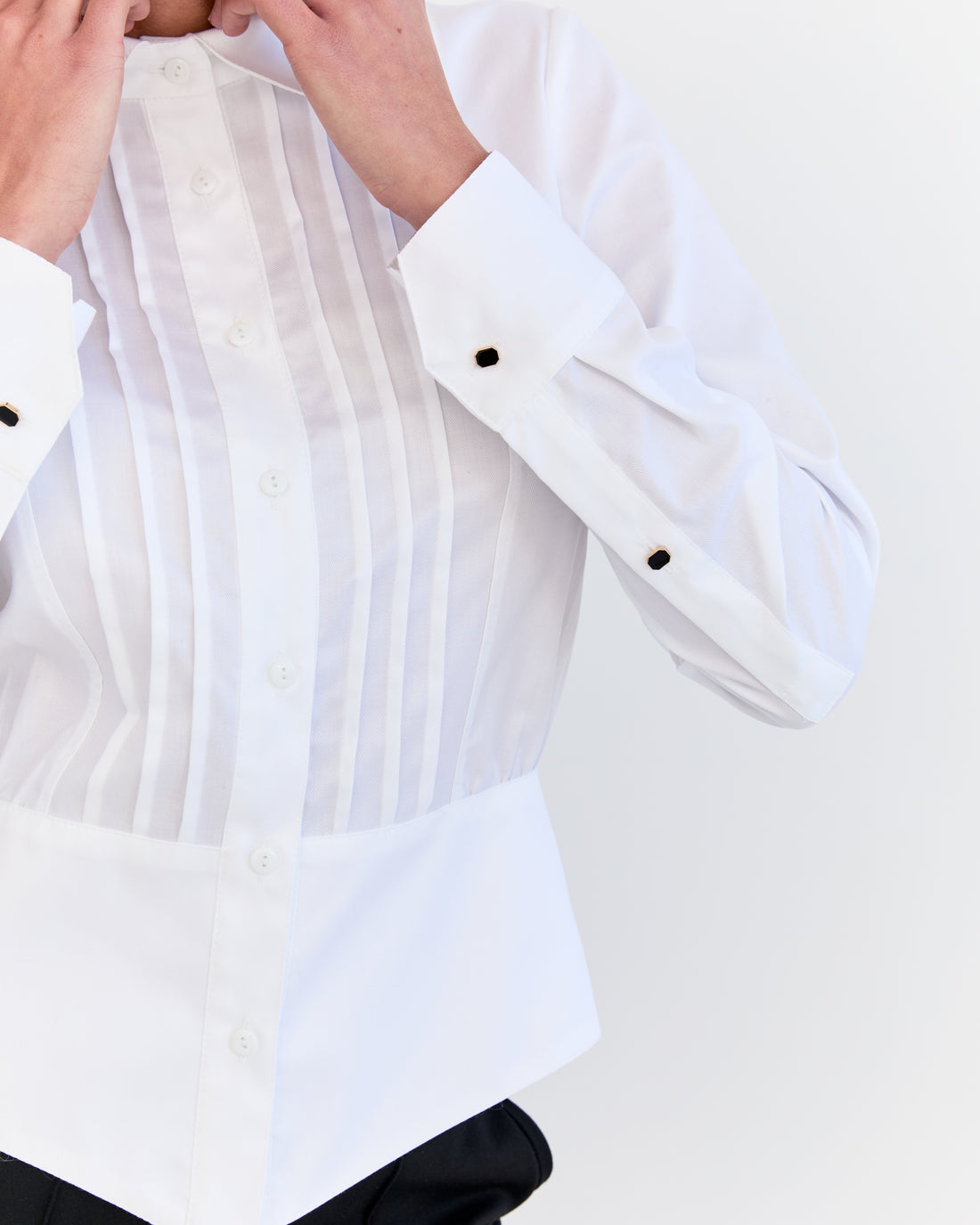Andrea Pleated Shirt - White Herringbone