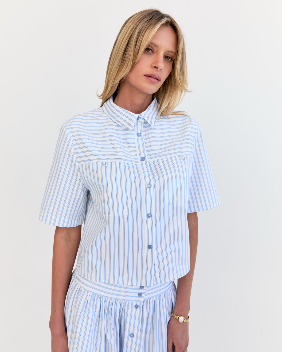Lola Crop Shirt - Sky Blue Stripe, front detail