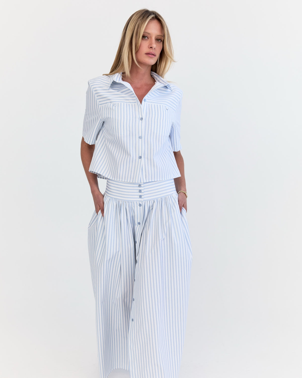 Lola Crop Shirt - Sky Blue Stripe, front view