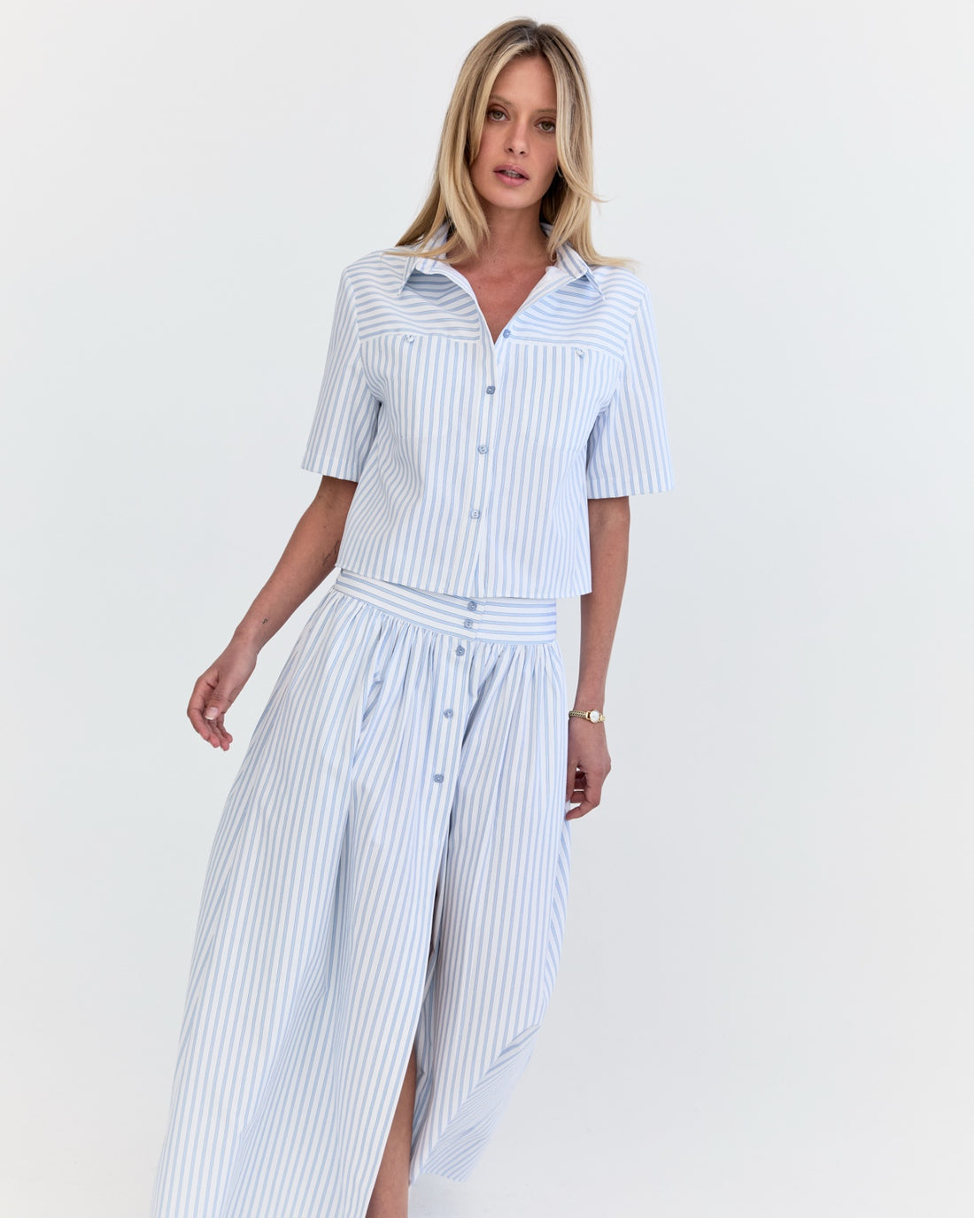Lola Crop Shirt - Sky Blue Stripe, styled with matching penelope skirt
