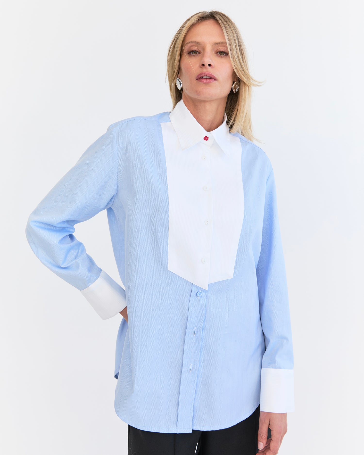 Adele Oversized Shirt - Blue Herringbone