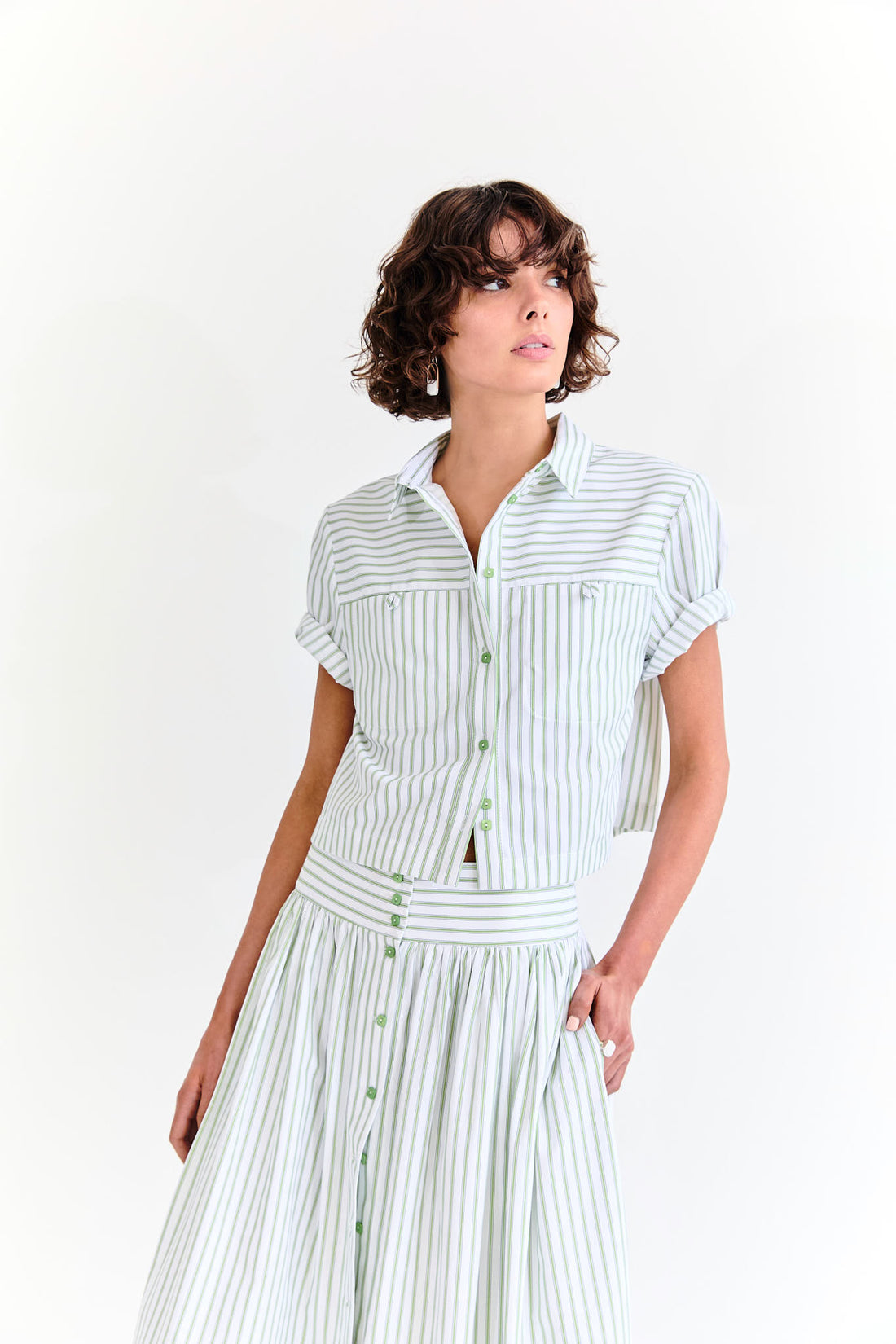 Lola Crop Shirt - Pistachio Stripe